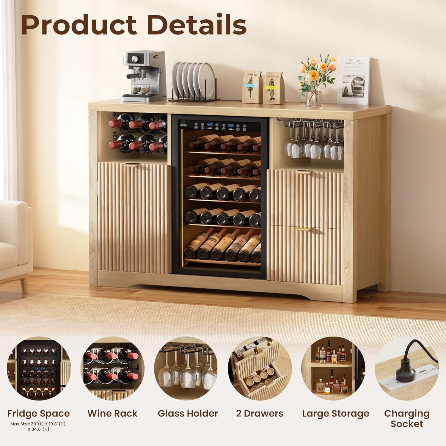 Coffee Bar Cabinet with Fridge Space, 53"L Wine Cabinets with Storage Drawer, Wood Buffet Sideboard Table, Fluted Liquor Cabinet with Wine Rack for Home Living Room,20"D x 53.1"W x 39.4"H-Natural Oak