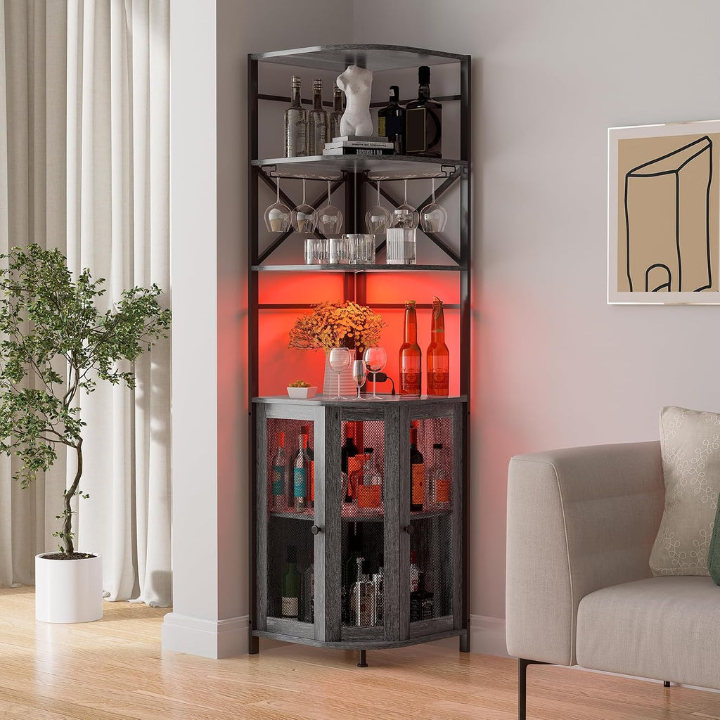 Wine Bar Cabinet with Power Outlet, 6-Tiers Industrial Wine Cabinet with LED Light and Glass Holder, Corner Bar Cabinet with Adjustable Shelf and Mesh Door, Liquor Cabinet Bar for Home