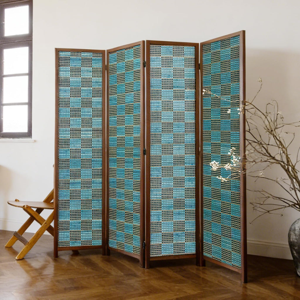 4 Panel Bamboo Room Divider, 5.6 ft Tall Double-Sided Folding Privacy Screen - Freestanding Partition Wall for Home Office, Modern Blue Checker Texture