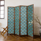 4 Panel Bamboo Room Divider, 5.6 ft Tall Double-Sided Folding Privacy Screen - Freestanding Partition Wall for Home Office, Modern Blue Checker Texture