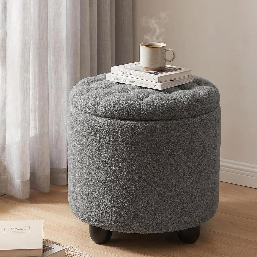 Furniliving Modern Round Storage Ottoman, Upholstered Button Tufted Ottoman Footstool Ottomans with Removable Lid Storage Footstool for Living Room, Bedroom, Makeup Room, Teddy, Grey