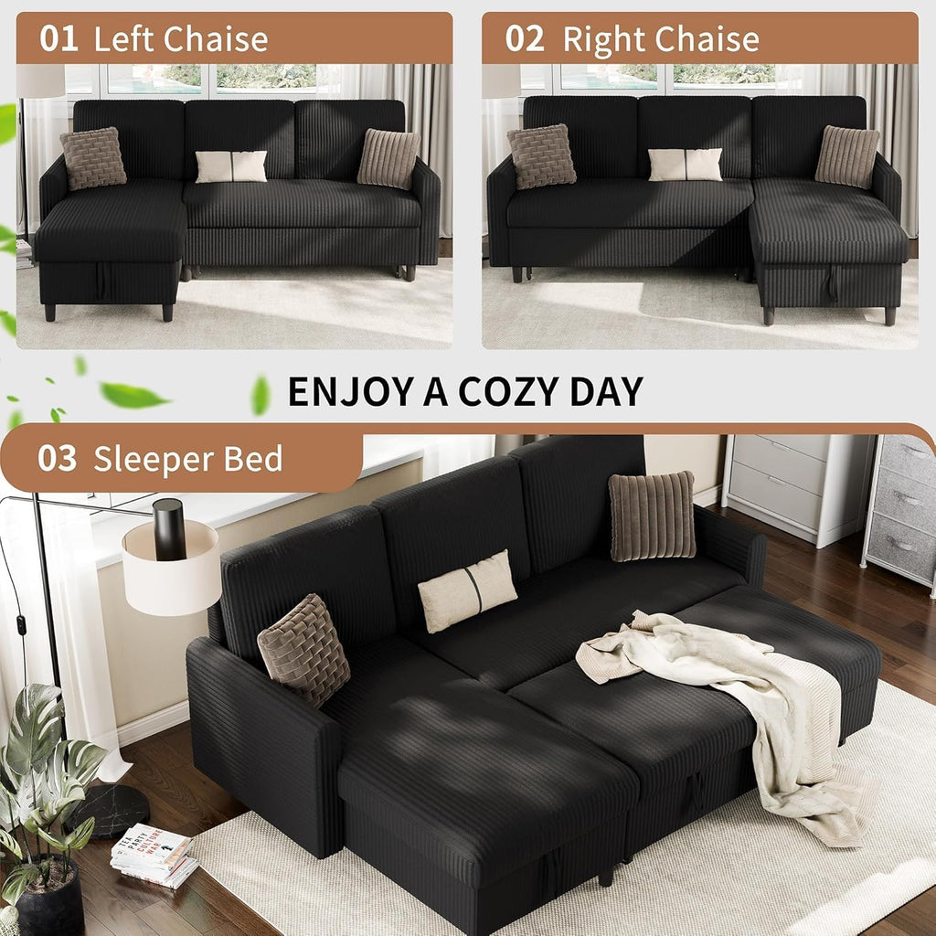 Walsunny 77" Sectional Sleeper Sofa with Pull Out Bed, Modern L-Shaped Corduroy Convertible Couch with Storage Chaise, Reversible Sofa Bed for Small Spaces, Apartment, Office, Black