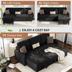 Walsunny 77" Sectional Sleeper Sofa with Pull Out Bed, Modern L-Shaped Corduroy Convertible Couch with Storage Chaise, Reversible Sofa Bed for Small Spaces, Apartment, Office, Black
