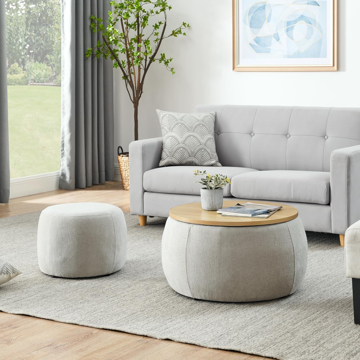 2-Piece Set Round Chenille Storage Ottoman, Equipped with a Drum Shaped Small Stool, Storage Space, and MDF Made Desktop Panel (Light Grey, 25"x25"x14.7")