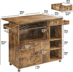 IRONCK Rolling Kitchen Island Cart with Drop-Leaf and Wine Rack, Microwave Rack Serving Cart on Wheels with Drawer & Shelves & Spice Rack & Cup Hanging, Vintage Brown