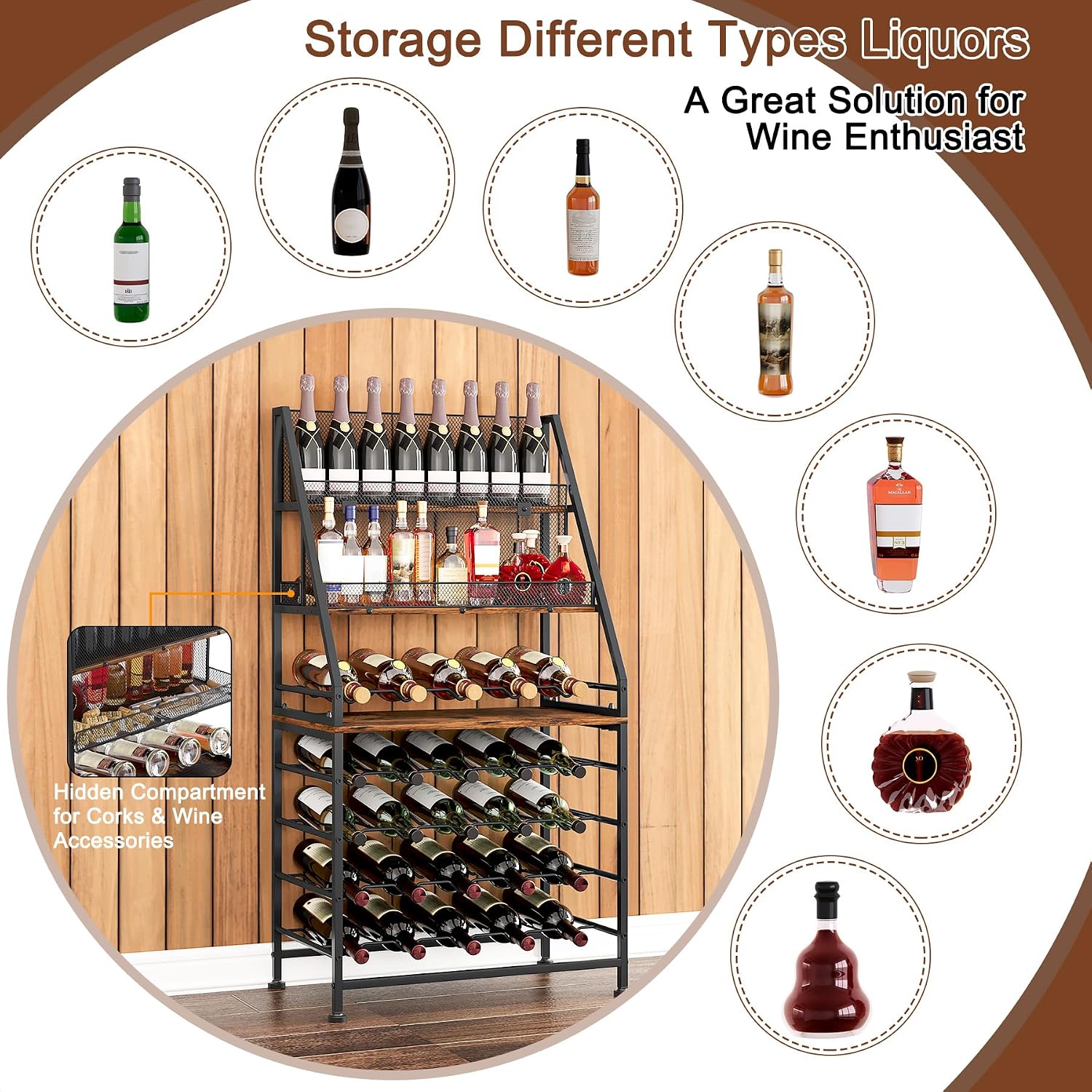 TQVAI Wine Rack Freestanding Floor Modular Split 40 Bottles Vertical Countertop Wine Racks Tall Liquor Bottle Display Shelf with Hidden Cork Organizer for Home Bar, Black/Antique