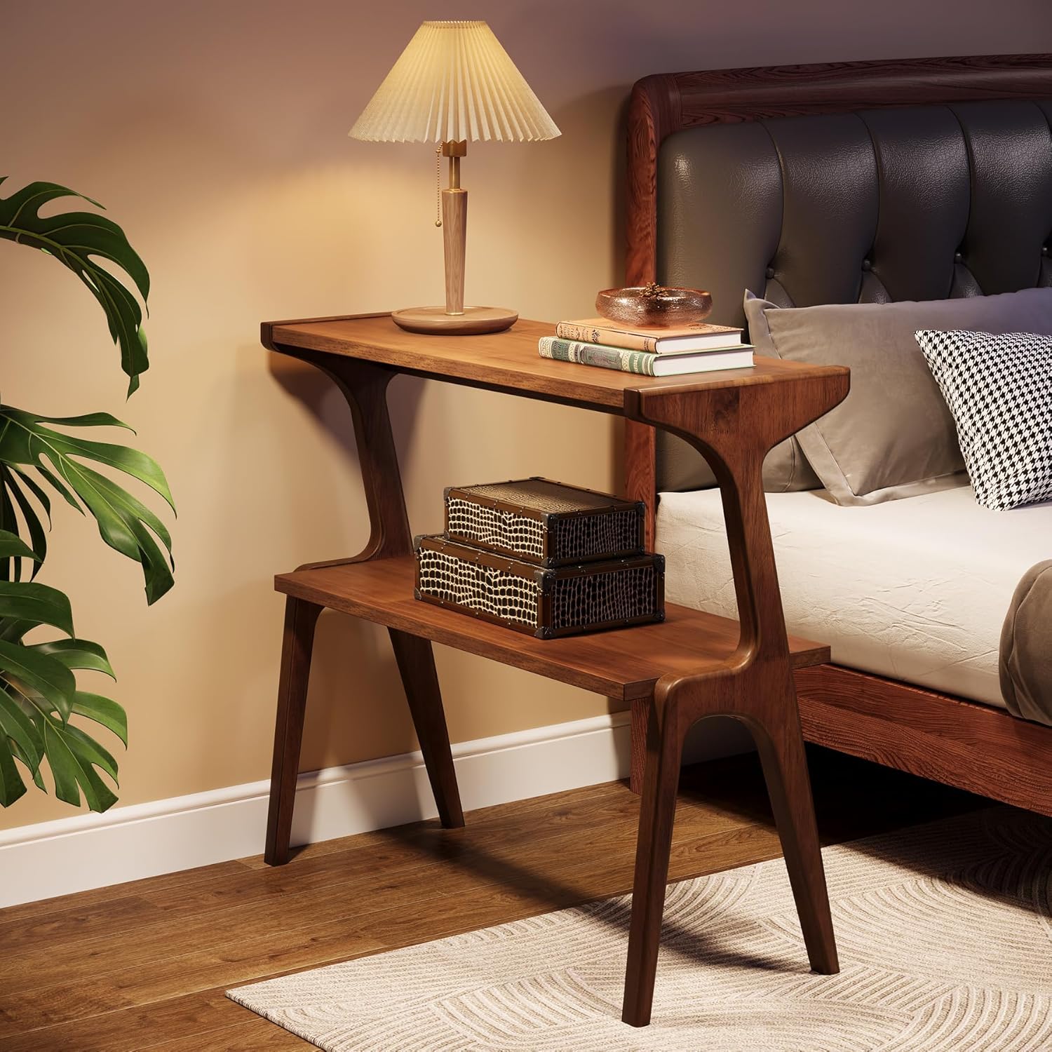 Tribesigns Solid Wood End Table, 2-Tier Farmhouse Side Table with Storage Shelves, Slim Side Table for Couch with Unique Legs, Long Bedside Table for Bedroom, Living Room, Rustic Brown