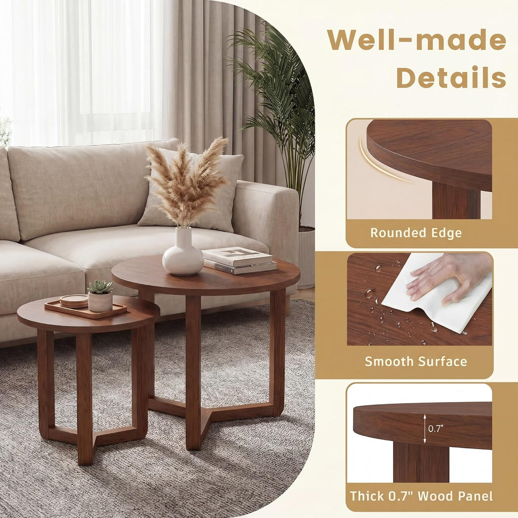 Tangkula Round Nesting Coffee Table Set of 2, Farmhouse End Tables with Solid Rubber Wood Tripod Legs, Compact Sofa Side Tables for Living Room Bedroom Small Spaces (Walnut)