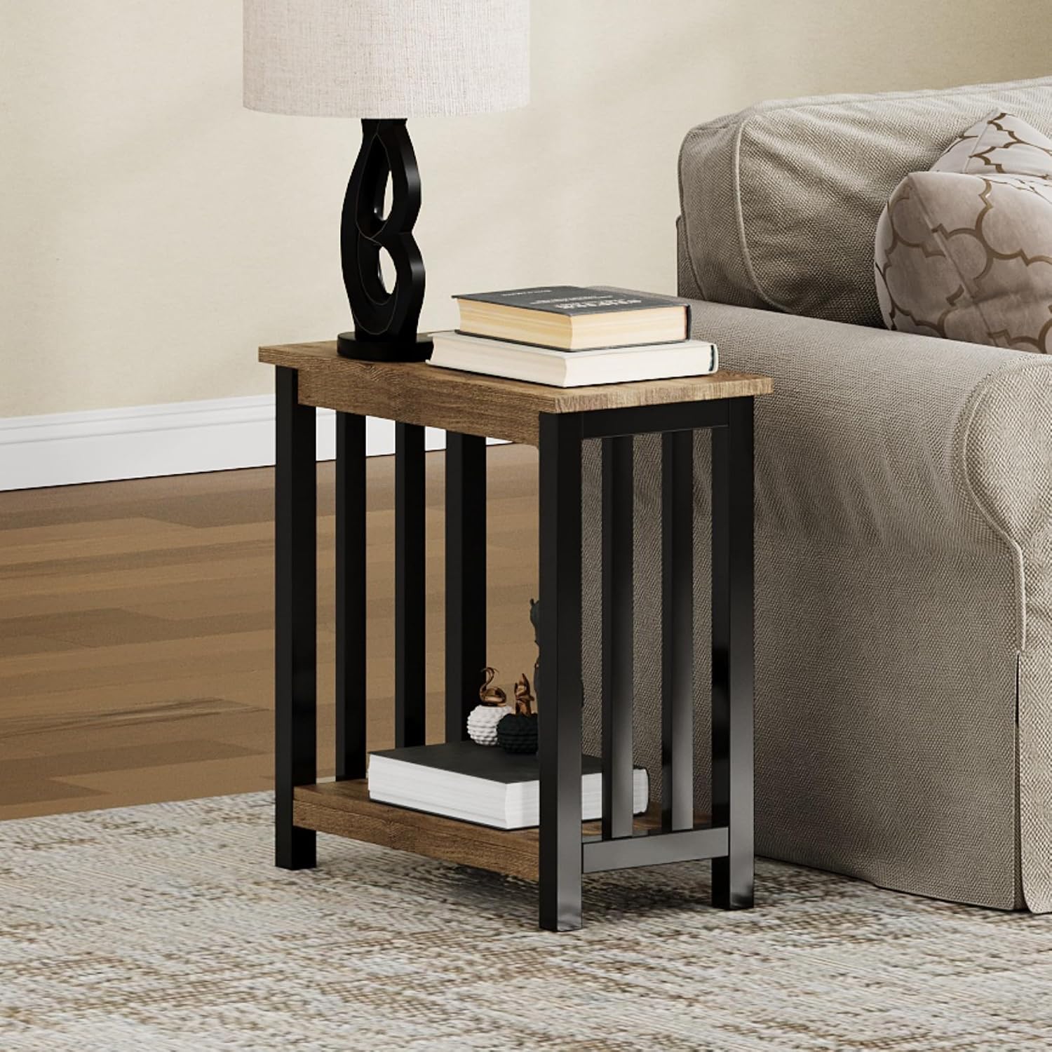 ChooChoo Mission End Table, Narrow Side Table for Small Spaces, Night Stand with Storage Shelf for Living Room and Bedroom, Rustic Oak & Black