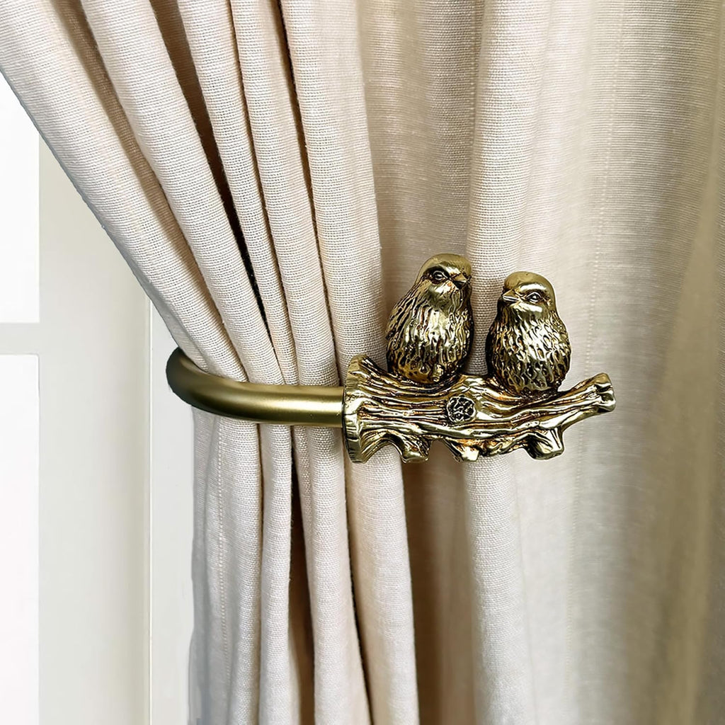 Curtain Drapery Holdbacks, Gold Drapery Hooks Holders with Twin Birds Finials, Drywall Mount, Set of 2