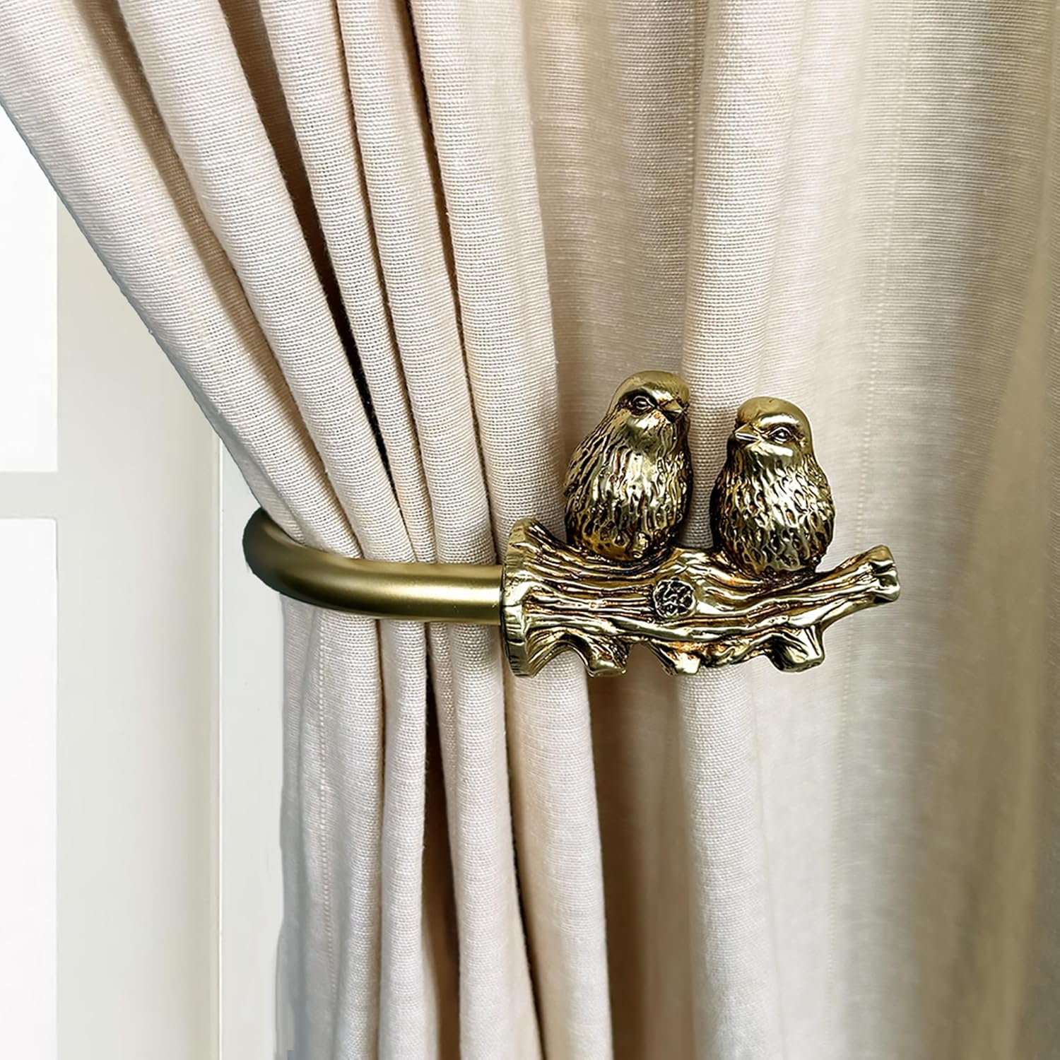 Curtain Drapery Holdbacks, Gold Drapery Hooks Holders with Twin Birds Finials, Drywall Mount, Set of 2