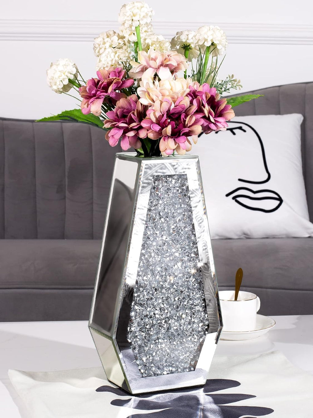 Flower Vase Crushed Diamond Vases for Decor Silver Mirror Vases for Centerpieces, Bling Crystal Decorative Glass Vase for Home Decor, 12 Inch - Can’t Hold Water