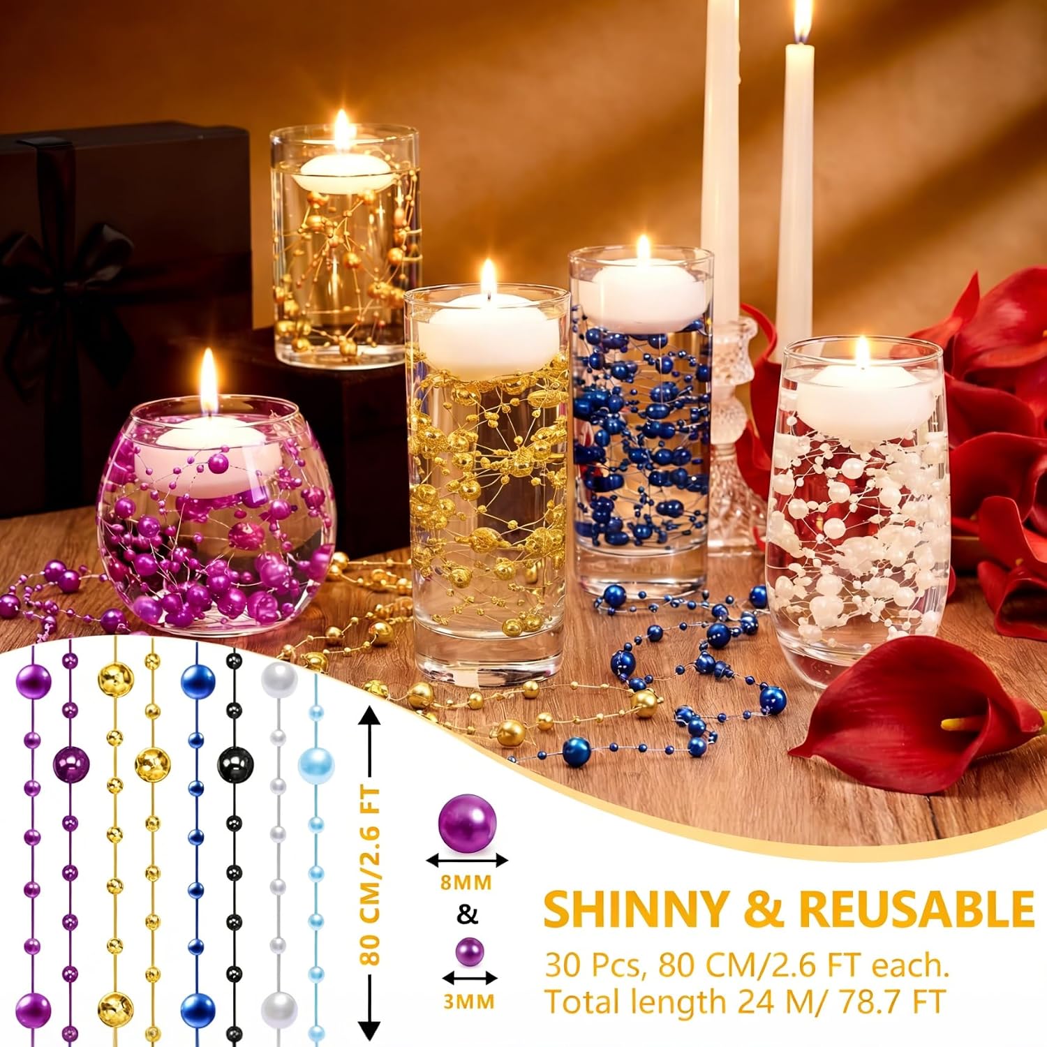 30 Pcs 78.7 FT Artificial Floating Beads for Centerpieces Vases, Gold Pearls String for Vases Filler Floating Candle Faux Beads Pearls String for Vase Centerpieces