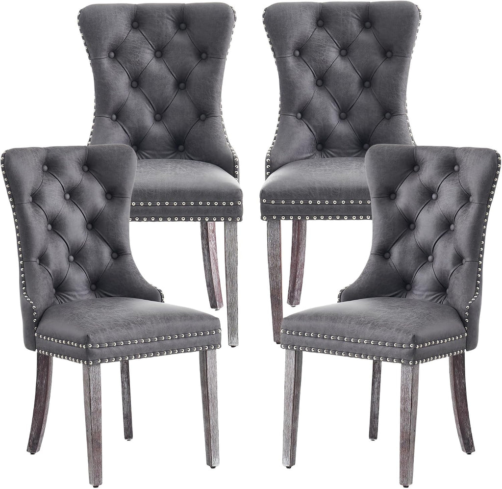 Leather Dining Chairs Set of 4, Mid Century Modern Dining Chairs with Nailhead and Metal Pull Ring, Upholstered Dining Room Chairs for Living Room, Bedroom, Kitchen (Grey)