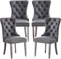 Leather Dining Chairs Set of 4, Mid Century Modern Dining Chairs with Nailhead and Metal Pull Ring, Upholstered Dining Room Chairs for Living Room, Bedroom, Kitchen (Grey)