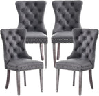 Leather Dining Chairs Set of 4, Mid Century Modern Dining Chairs with Nailhead and Metal Pull Ring, Upholstered Dining Room Chairs for Living Room, Bedroom, Kitchen (Grey)
