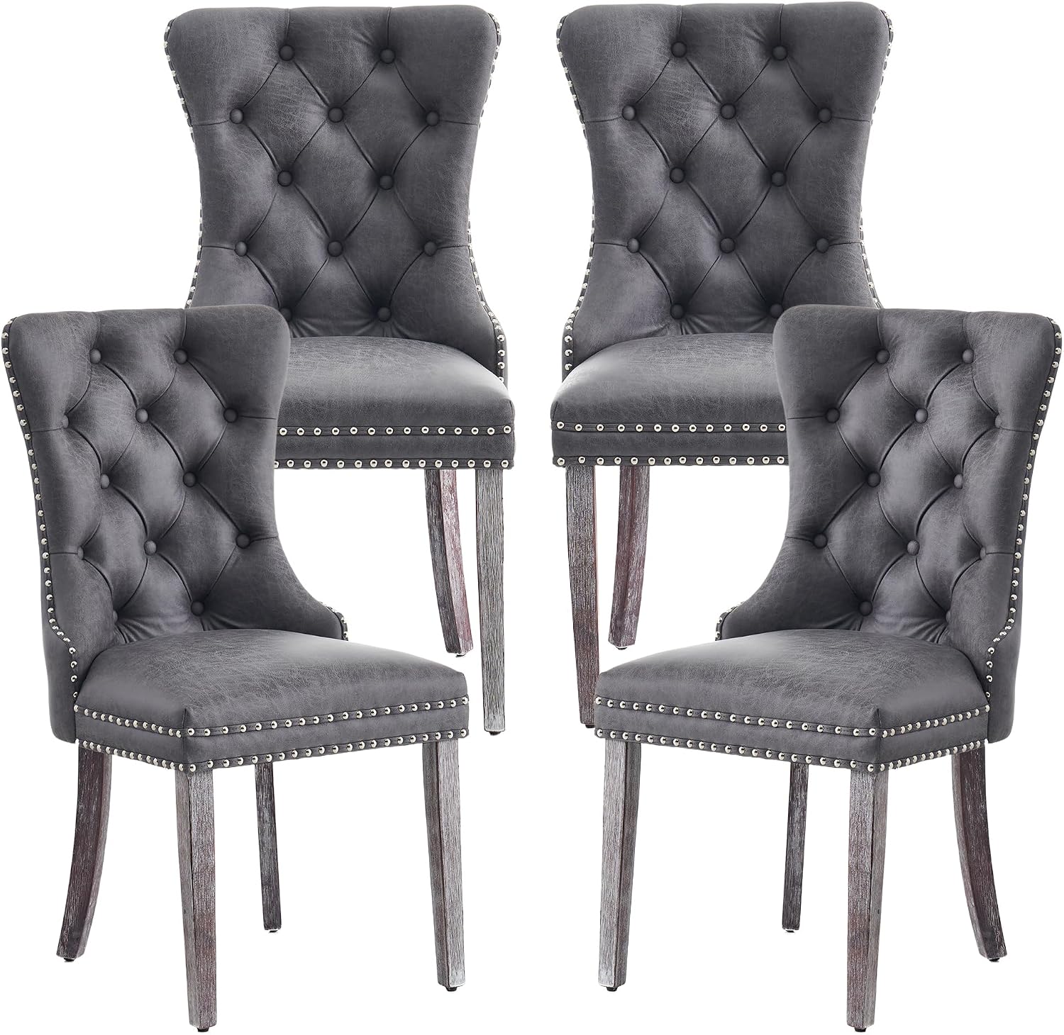 Leather Dining Chairs Set of 4, Mid Century Modern Dining Chairs with Nailhead and Metal Pull Ring, Upholstered Dining Room Chairs for Living Room, Bedroom, Kitchen (Grey)