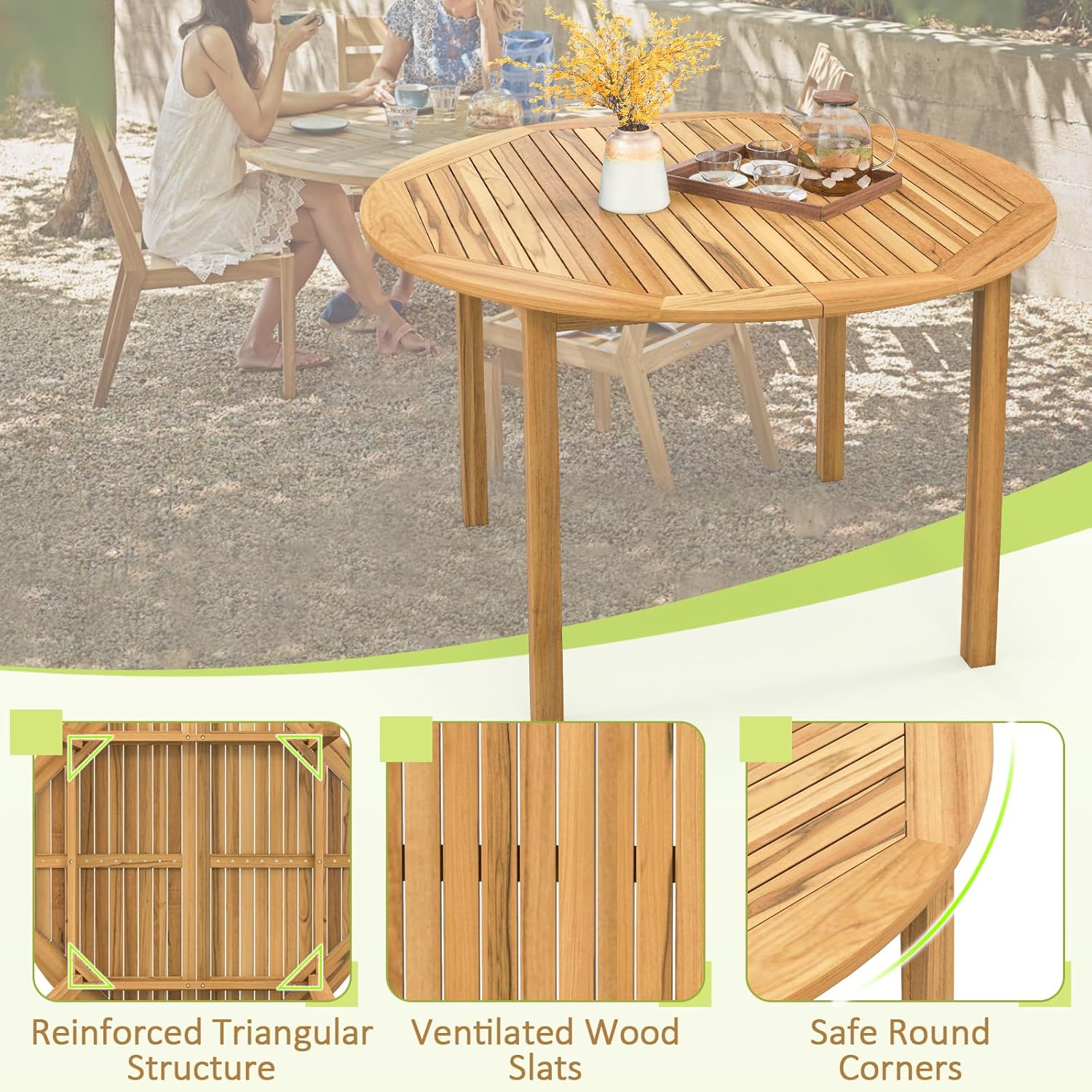 Tangkula 39.5" Round Outdoor Dining Table for 4, Acacia Wood 4-Person Large Patio Dining Table, Farmhouse Indoor Outdoor Dining Furniture for Deck, Garden, Poolside & Backyard