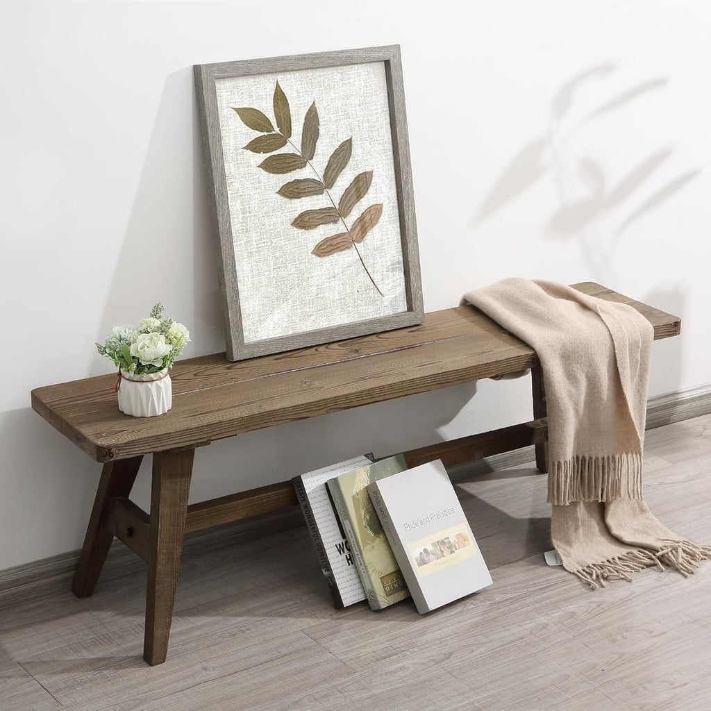 Wnutrees 47" Farmhouse Wood Bench, Solid Wood Entryway Bench for Dining Room End of Bed, Easy to Assemble, Brown