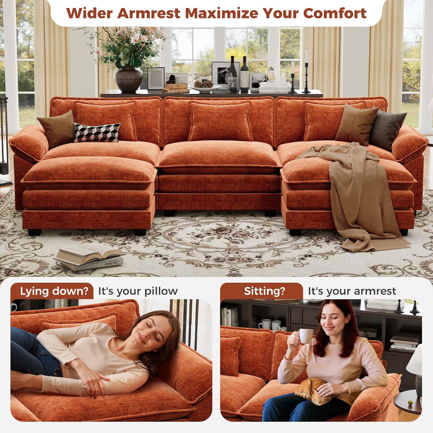 CDCASA 120" Oversized Modular Sectional Sofa, Comfy U-Shaped Cloud Couch w/ 2 Movable Ottoman, 5-Seater Chenille Deep Seat Modern Sofa Couch for Living Room, DIY Combination, Terracotta Orange