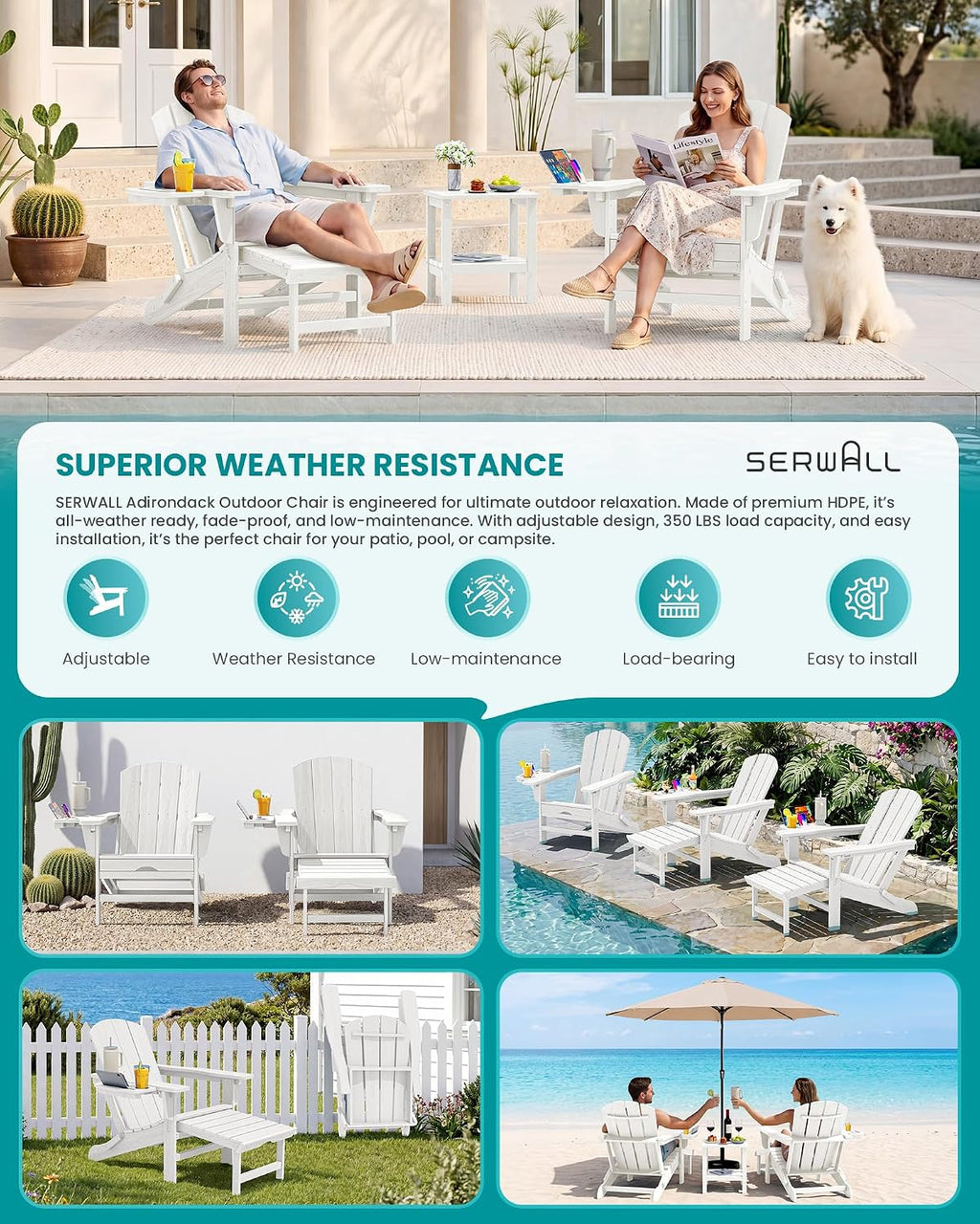 SERWALL Folding Adjustable Adirondack Chairs with Footrest Set of 2, HDPE Outdoor Chair with 4-in-1 Cup Holders, All Weather Adirondack Chair with Ottoman, White