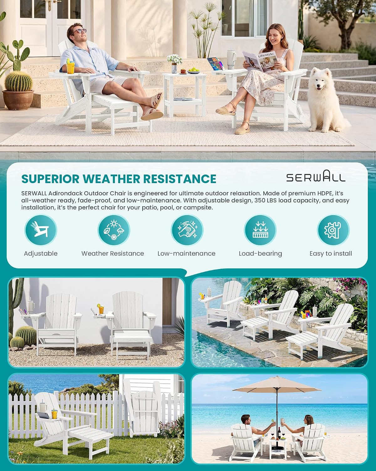 SERWALL Folding Adjustable Adirondack Chairs with Footrest Set of 2, HDPE Outdoor Chair with 4-in-1 Cup Holders, All Weather Adirondack Chair with Ottoman, White