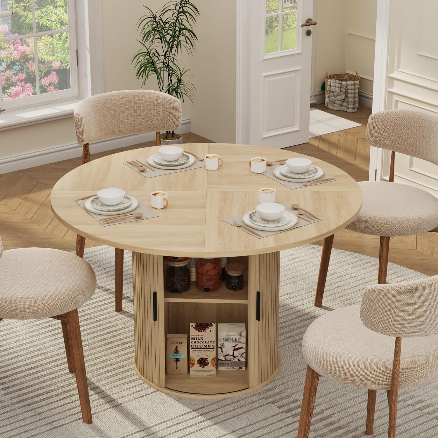 IDEALHOUSE 47 Inch Round Dining Table for 4, Natural Oak | Farmhouse Kitchen Table, 2-Layer Storage Shelf, Wood Slide Door, Space Saving