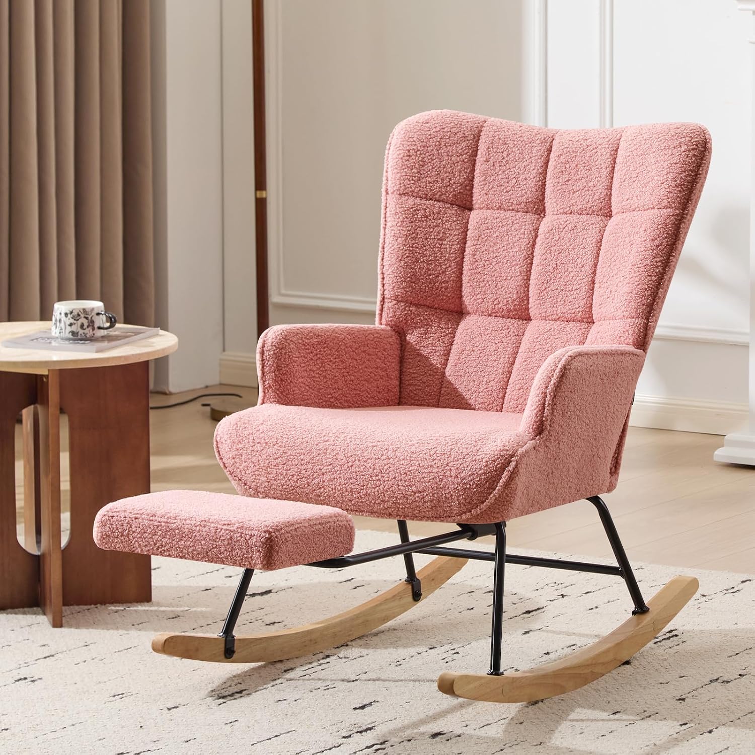 Furniliving Nursery Rocking Chair Armchair Upholstered Glider Rocking Chair Accent Chair with Retractable Footrest Reading Chair with High Backrest Solid Wood Base for Bedroom, Pink, Teddy, 2PCS