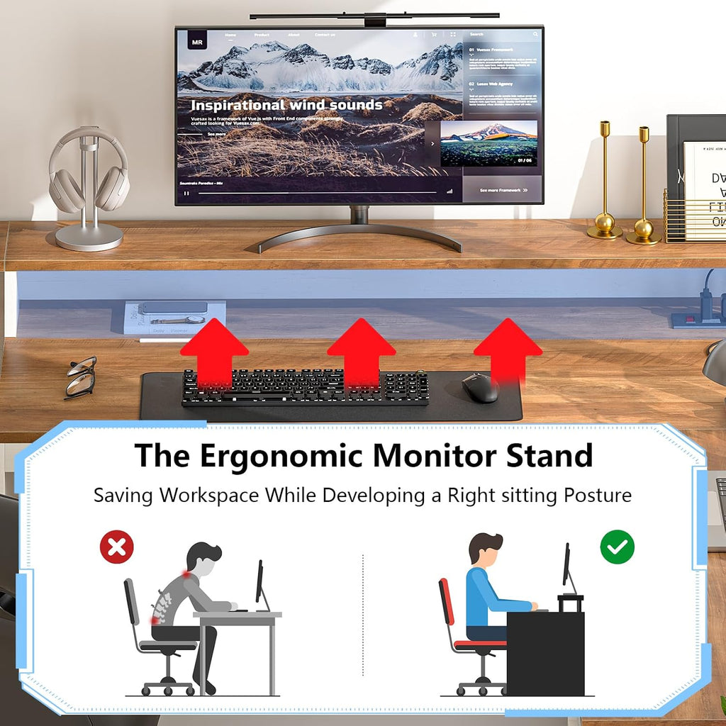 YOMILUVE 63" Farmhouse L Shaped Executive Desk with Drawers & Storage Shelf, Corner Computer Desk with Power Outlets, L Shaped Office Desk with Monitor Stand, Printer Shelf, Antique White