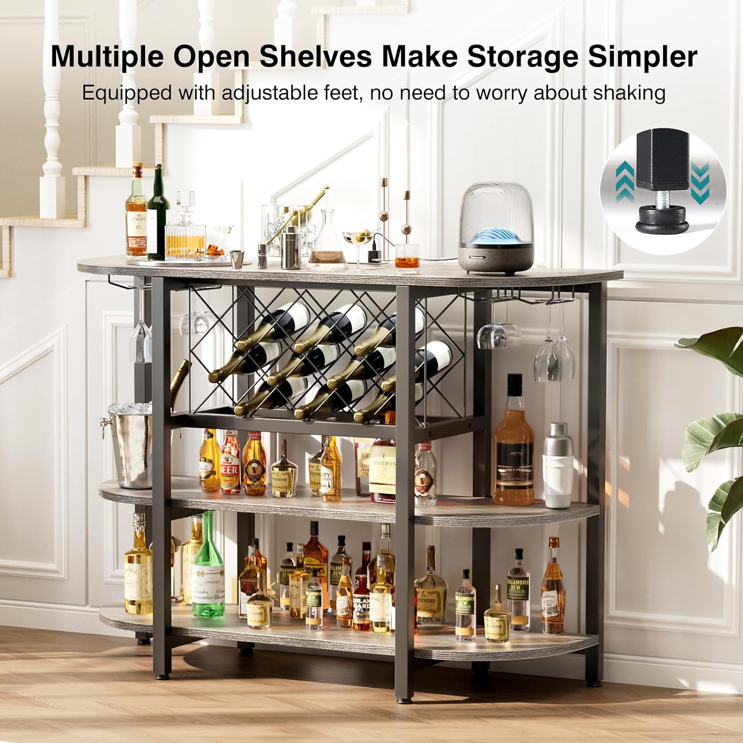 DUMOS Bar Cart with Power Outlet, LED Home Bar Cabinet with Storage, Metal Small Liquor Cabinet with Glasses & Wine Bottle Holder, Grey, 47.24" L x 15.74" D x 35.43" H