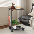 C Shaped Side Table Small End Table with Wheels Slide Under Couch Table for Sofa C Table with Metal Frame Adjustable Height Sofa Table for Living Room Bedroom Small Space, Rustic Brown