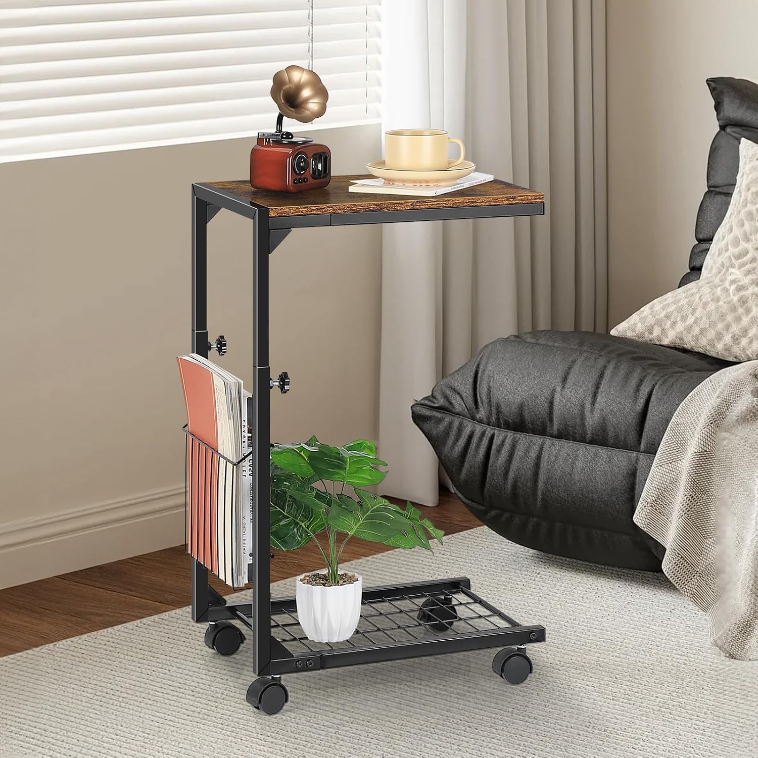 C Shaped Side Table Small End Table with Wheels Slide Under Couch Table for Sofa C Table with Metal Frame Adjustable Height Sofa Table for Living Room Bedroom Small Space, Rustic Brown