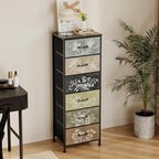 Tohomeor Vintage Dresser Vertical Nightstand with Neutral Botanical Plant Fabric Chest Drawers for Closet Bathroom Storage Tower Unit Bed Side Organizer Farmhouse Rustic (Multi, 6 Drawers)