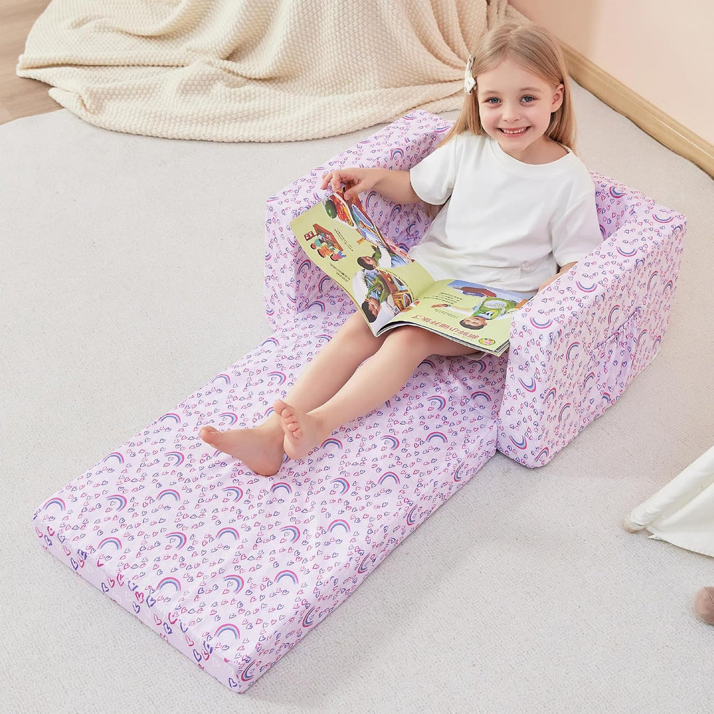lasoftan Toddler Couch, 2-in-1 Soft Kids Couch Bed Fold Out, Toddler Chairs Comfy for Boys & Girls, Convertible Kids Sofa to Lounge for Playroom, Gift for Birthday, Children's Day - Purple Rainbow