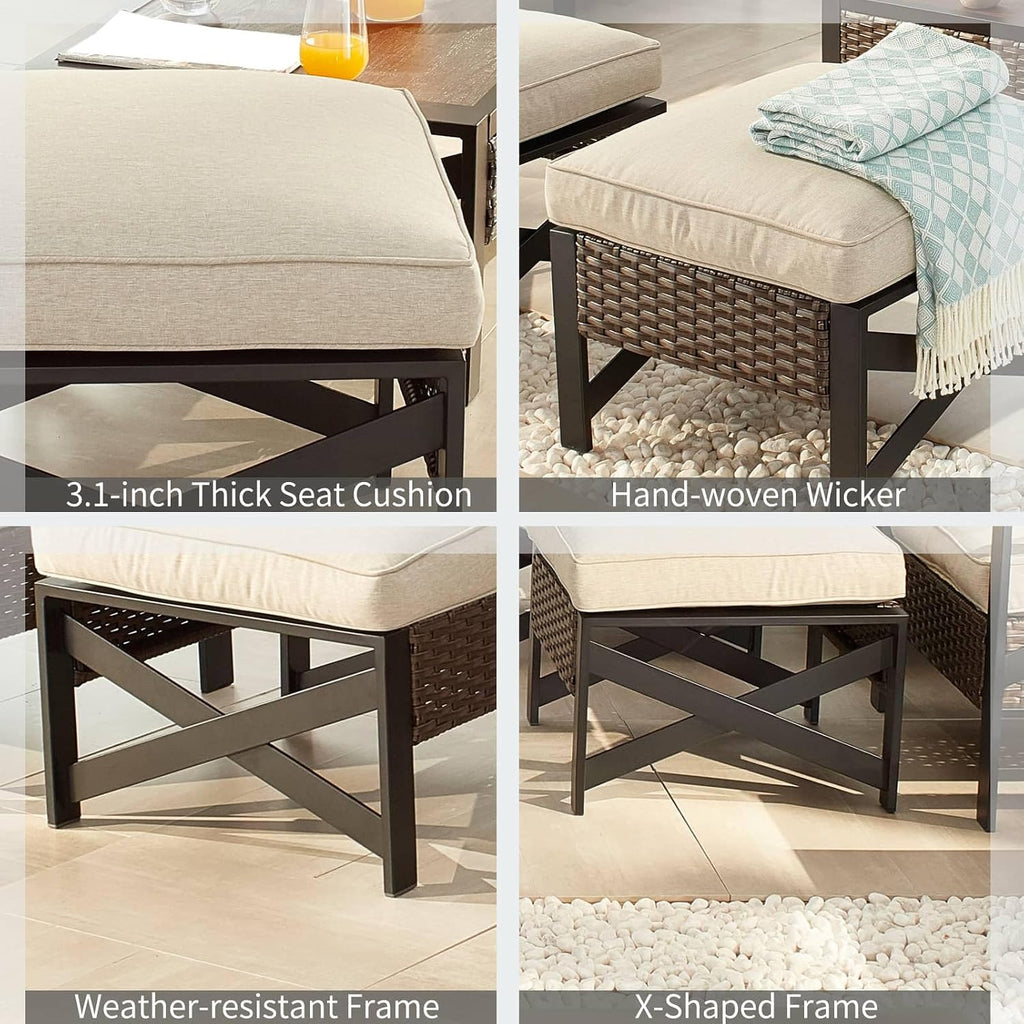 Outdoor Cushioned Ottoman Square Wicker Patio Furniture Ottoman with Beige Cushion Metal Steel Frame