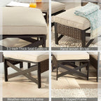 Outdoor Cushioned Ottoman Square Wicker Patio Furniture Ottoman with Beige Cushion Metal Steel Frame