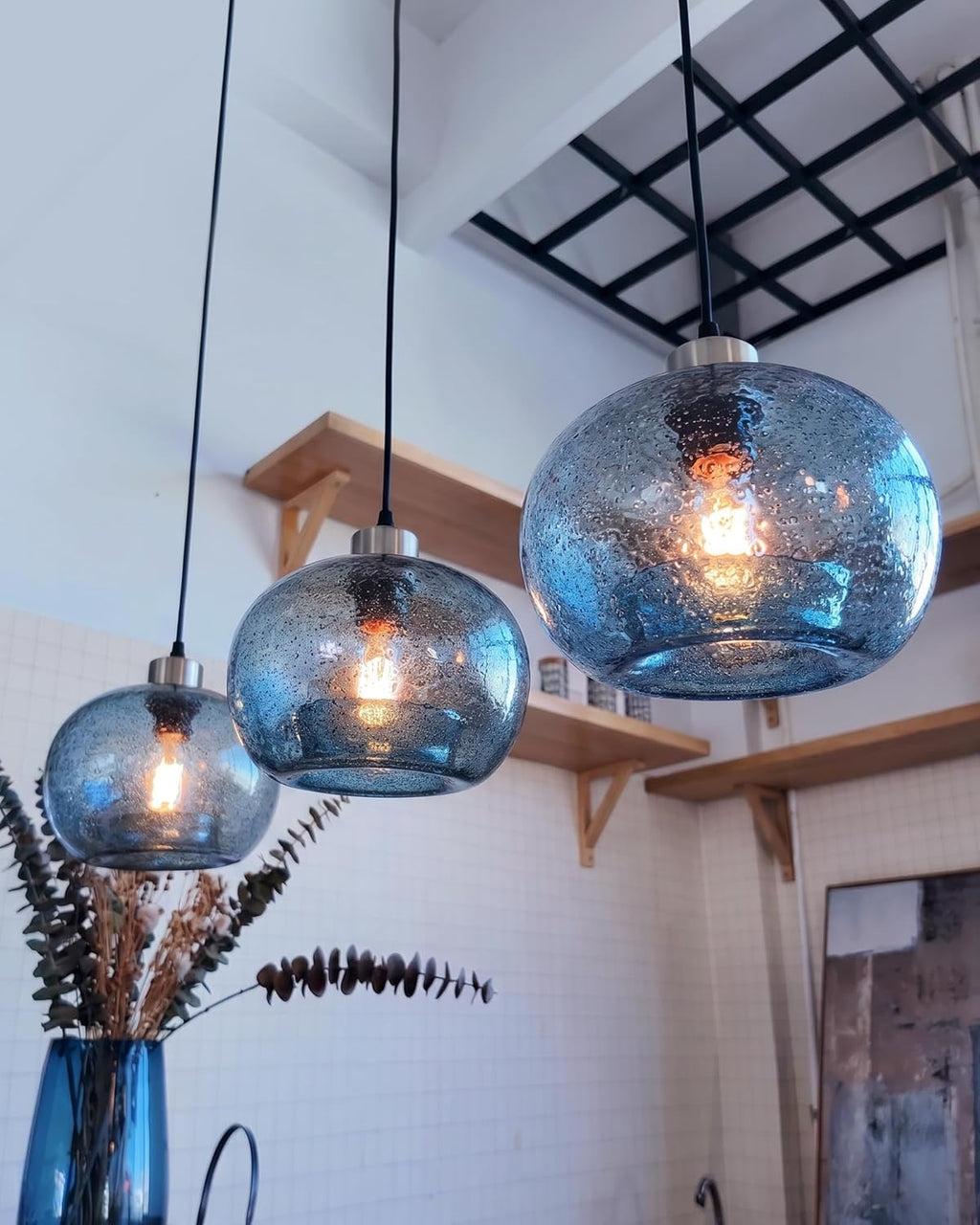 CASAMOTION Hand Blown Glass Pendant Lights Kitchen Island Marble Blue Color Modern Rustic Style Ceiling Hanging Light Fixtures Dining Room Brushed Nickel 8.7 Inch Diameter 2 Pack
