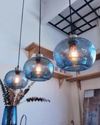 CASAMOTION Hand Blown Glass Pendant Lights Kitchen Island Marble Blue Color Modern Rustic Style Ceiling Hanging Light Fixtures Dining Room Brushed Nickel 8.7 Inch Diameter 2 Pack