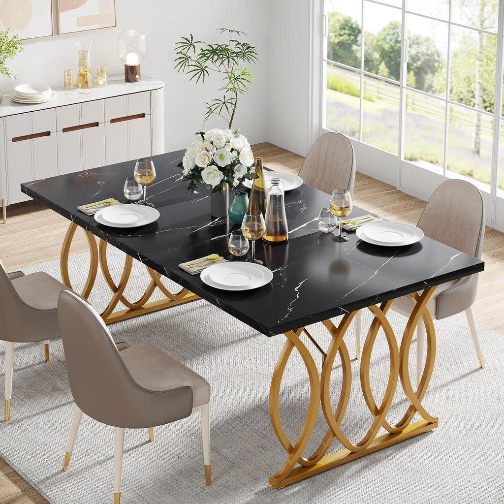 Tribesigns Modern Dining Table, 63" Large Kitchen Table for 4-6 People, Unique Rectangular Dinner Table Kitchen & Dining Room Furniture with Black Faux Marble Tabletop and Geometric Legs