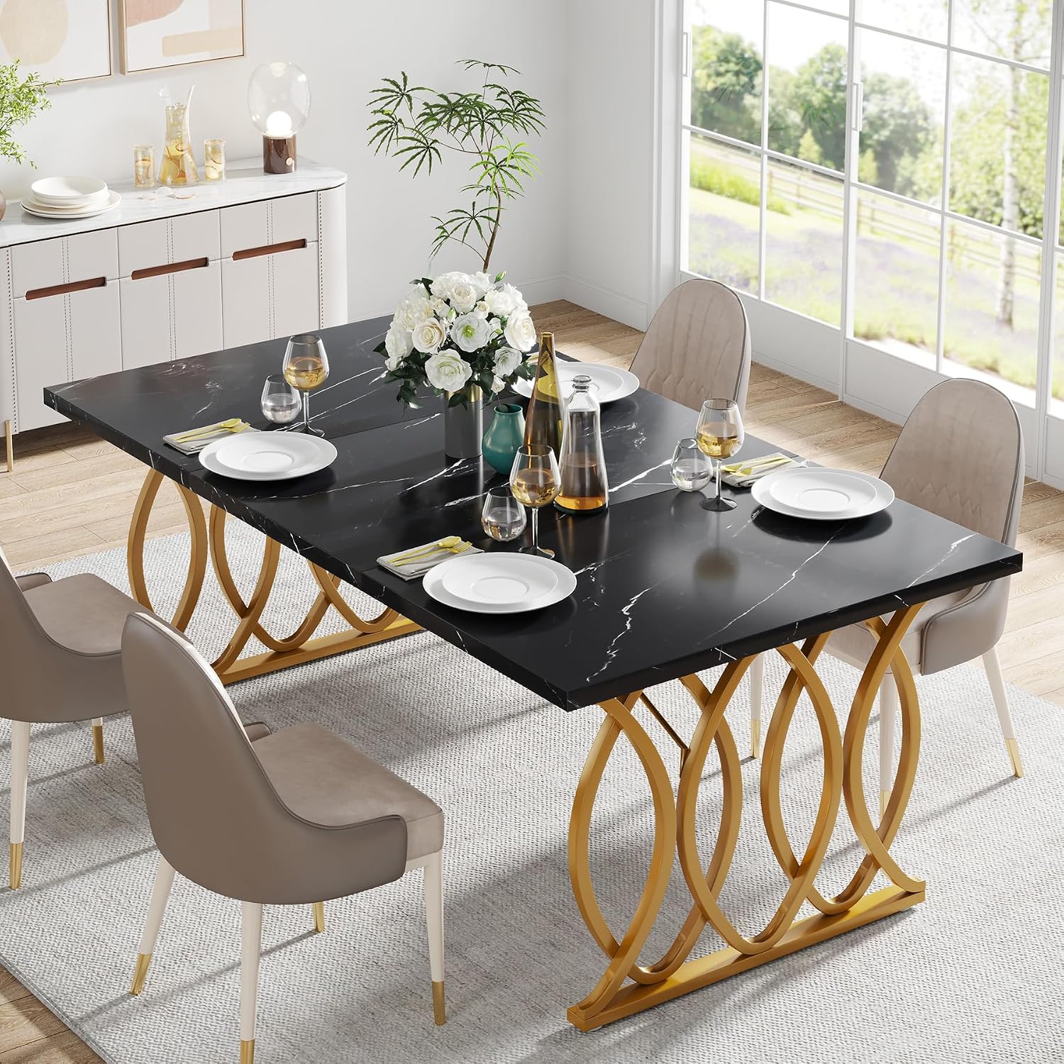 Tribesigns Modern Dining Table, 63" Large Kitchen Table for 4-6 People, Unique Rectangular Dinner Table Kitchen & Dining Room Furniture with Black Faux Marble Tabletop and Geometric Legs