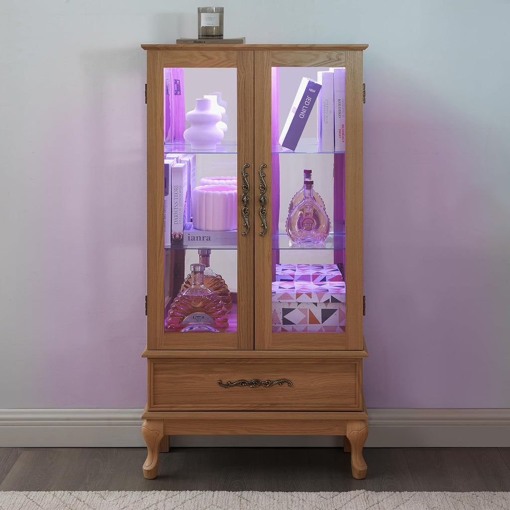 Lighted Curio Cabinet, Glass Display Cabinet, Light Oak Display Cabinet with Mirrored Back, Adjustable Shelves, 2 Glass Doors, 1 Drawer, 47.44 Inch High