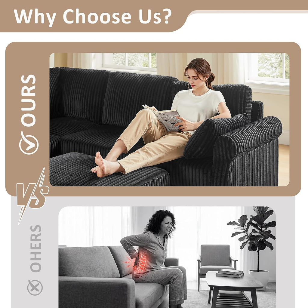90.6" V-Shaped Modular Sectional Sofa with Storage Ottoman, 6-Seat Corduroy Corner Couch with Deep Seat, Oversized Upholstered Sectional for Living Room, Bedroom, Apartment