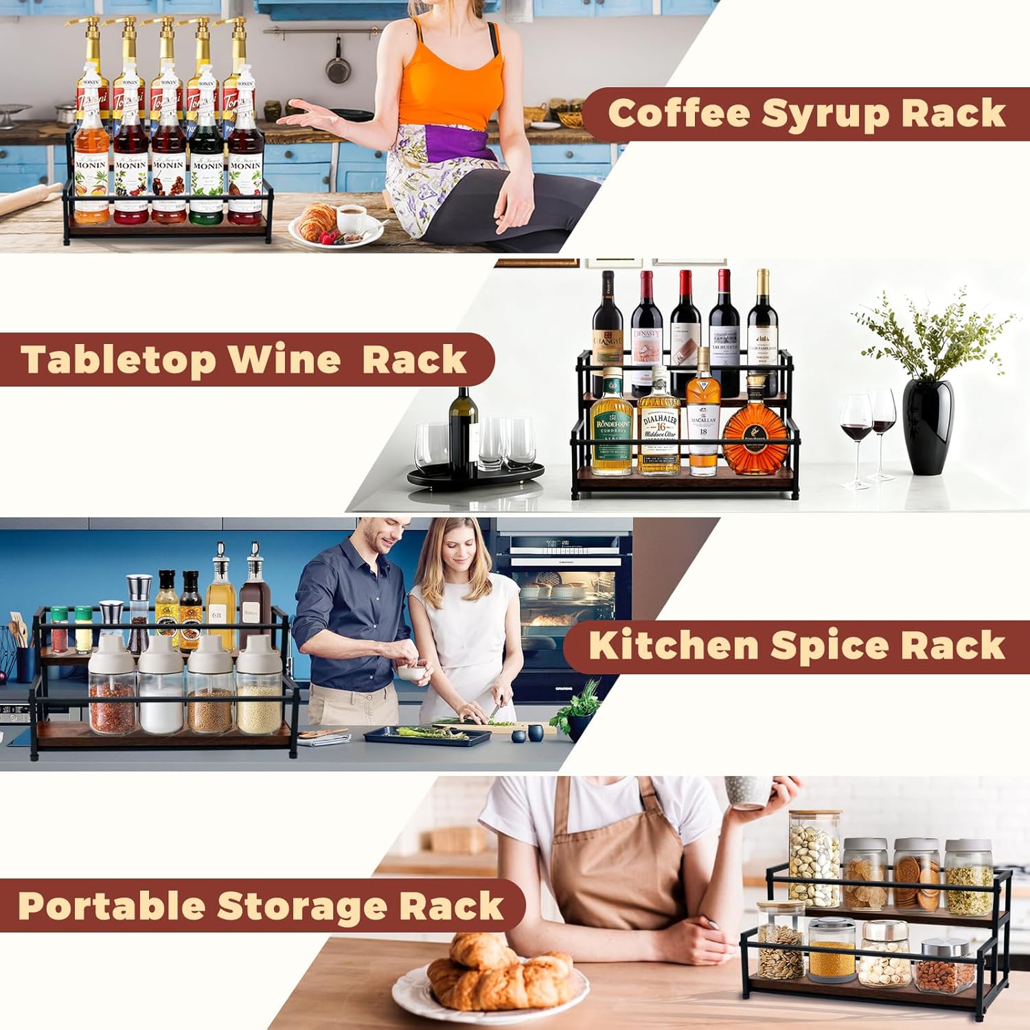 Coffee Syrup Rack Organizer, 2-Tier | Metal Bottle Holder, 10 Bottles Capacity, Rustic Countertop Display Shelf, For Coffee Bar, Kitchen Cabinet, Pantry