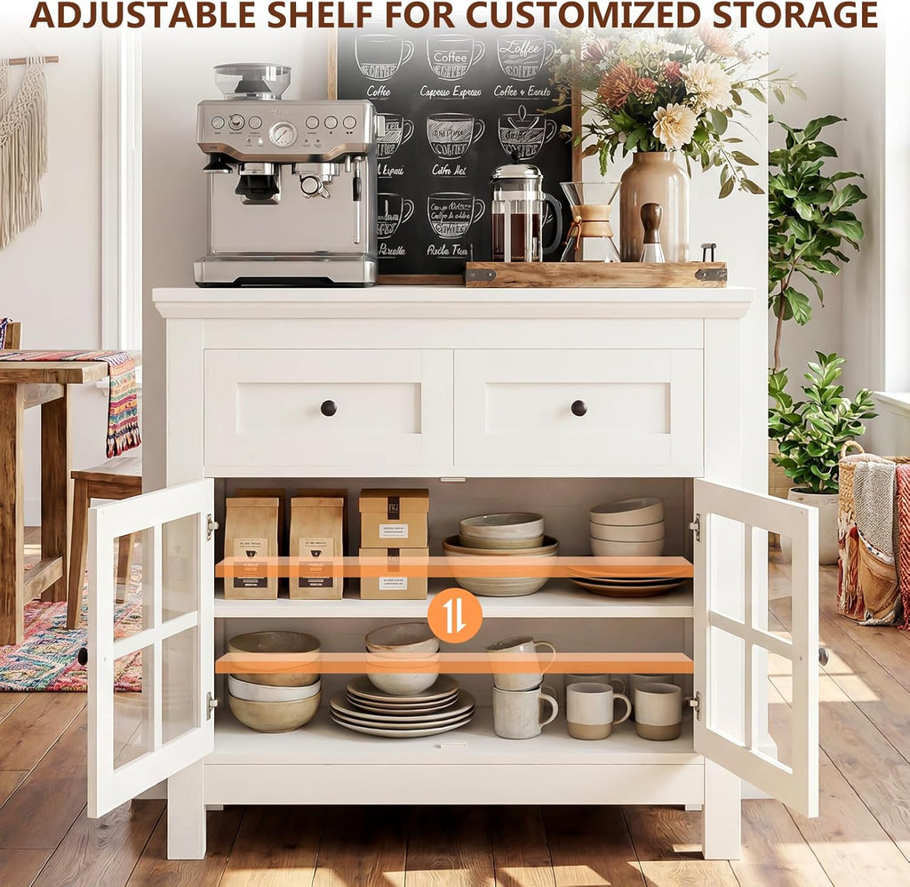 36” Buffet Cabinet Sideboard, Coffee Bar Storage Cabinet with Drawers and Display Glass Doors, Farmhouse Kitchen Credenza with Adjustable Shelves for Kitchen, Living Room, Vintage White