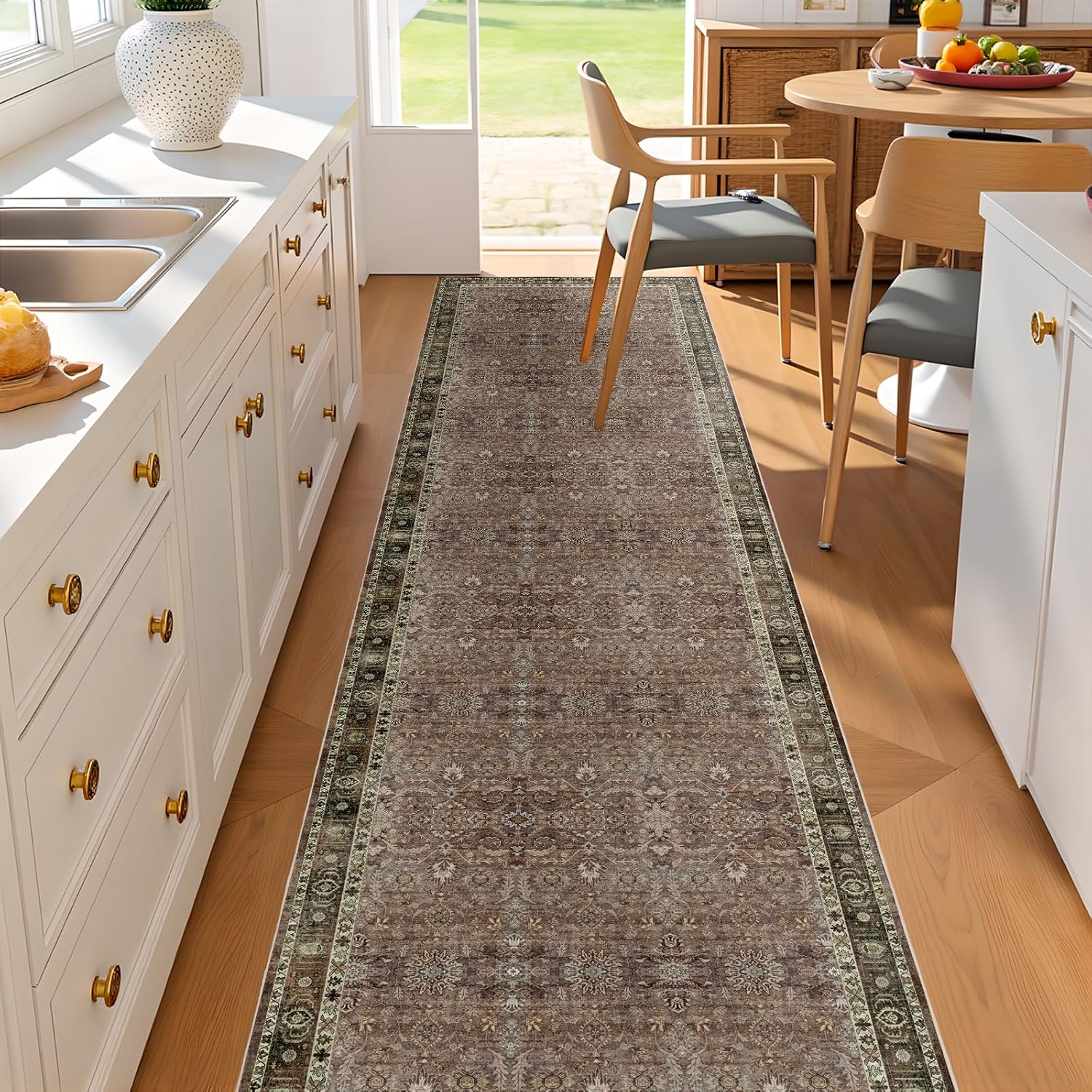 Washable Runner Hallway Rug,Low Pile 2x6 Non Slip Non-Shedding Kitchen Carpet Soft Indoor Stain Resistant Rug for Bedroom Laundry Room Bathroom Brown Floral