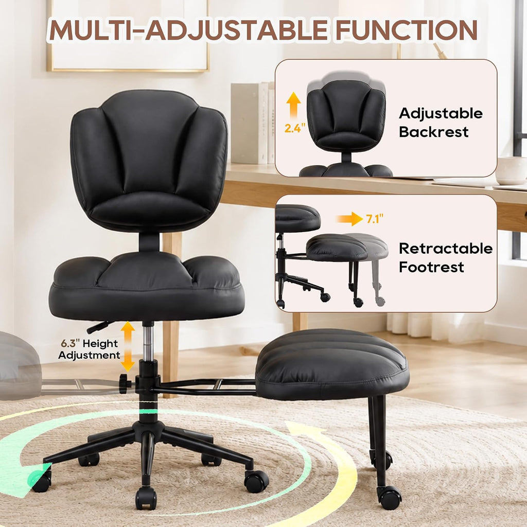 IPKIG Ergonomic Cross Legged Office Chair with Wheels, 360° Swivel Criss Cross Chair with Adjustable Footrest and Backrest for ADHD, Meditation, Yoga, PU Leather, Black