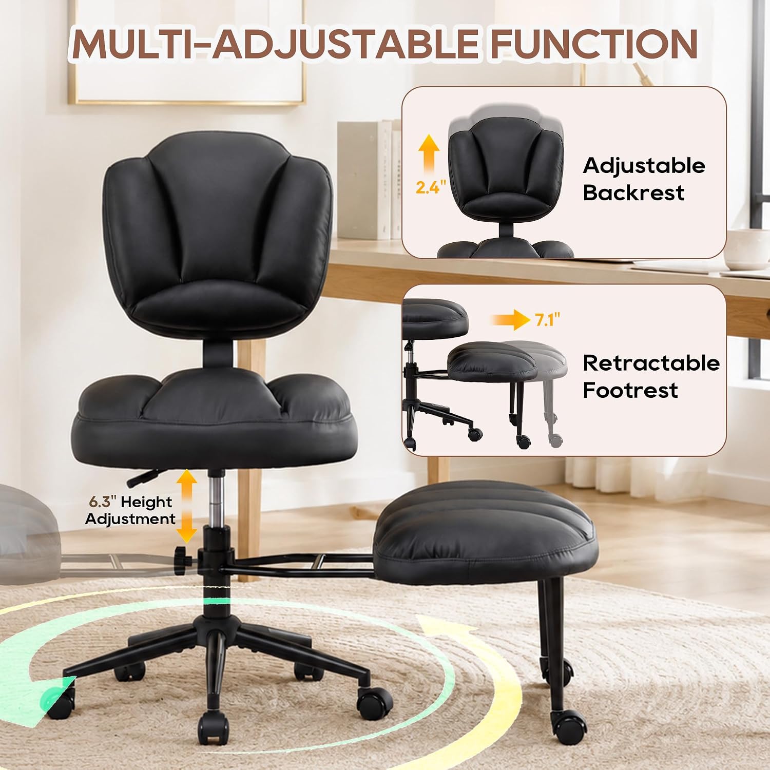 IPKIG Ergonomic Cross Legged Office Chair with Wheels, 360° Swivel Criss Cross Chair with Adjustable Footrest and Backrest for ADHD, Meditation, Yoga, PU Leather, Black