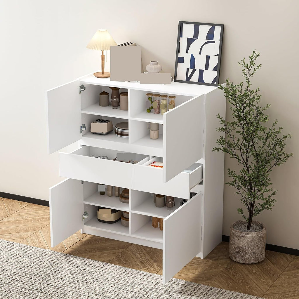 Mid-Century Storage Cabinet, with 4 Doors and 2 Drawers, Shoe Rack for Entryway Hallway Living Room,for Kitchen Home