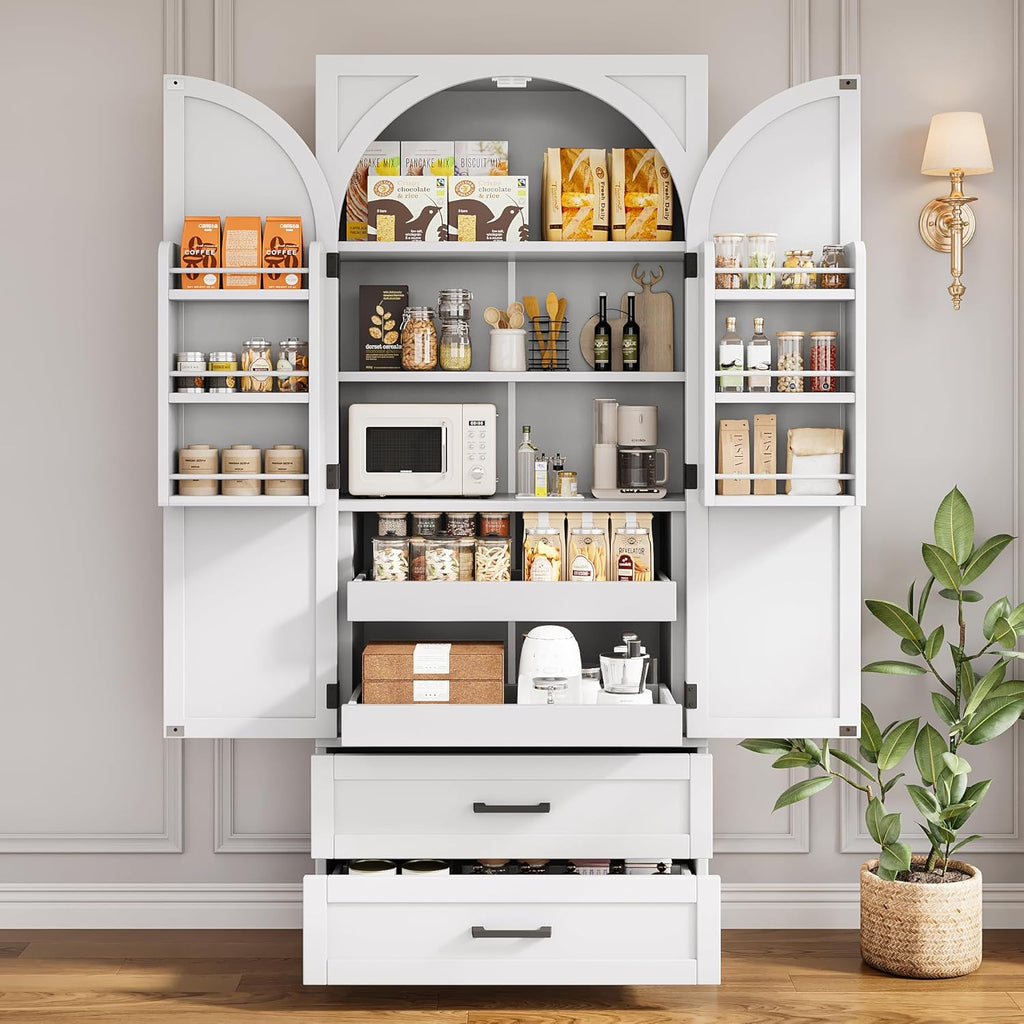 iPormis 71" Tall Kitchen Pantry Storage Cabinet w/Adjustable Shelf, Door Shelves & Large Drawers, Freestanding Kitchen Cupboard for Dining Room/Living Room, White