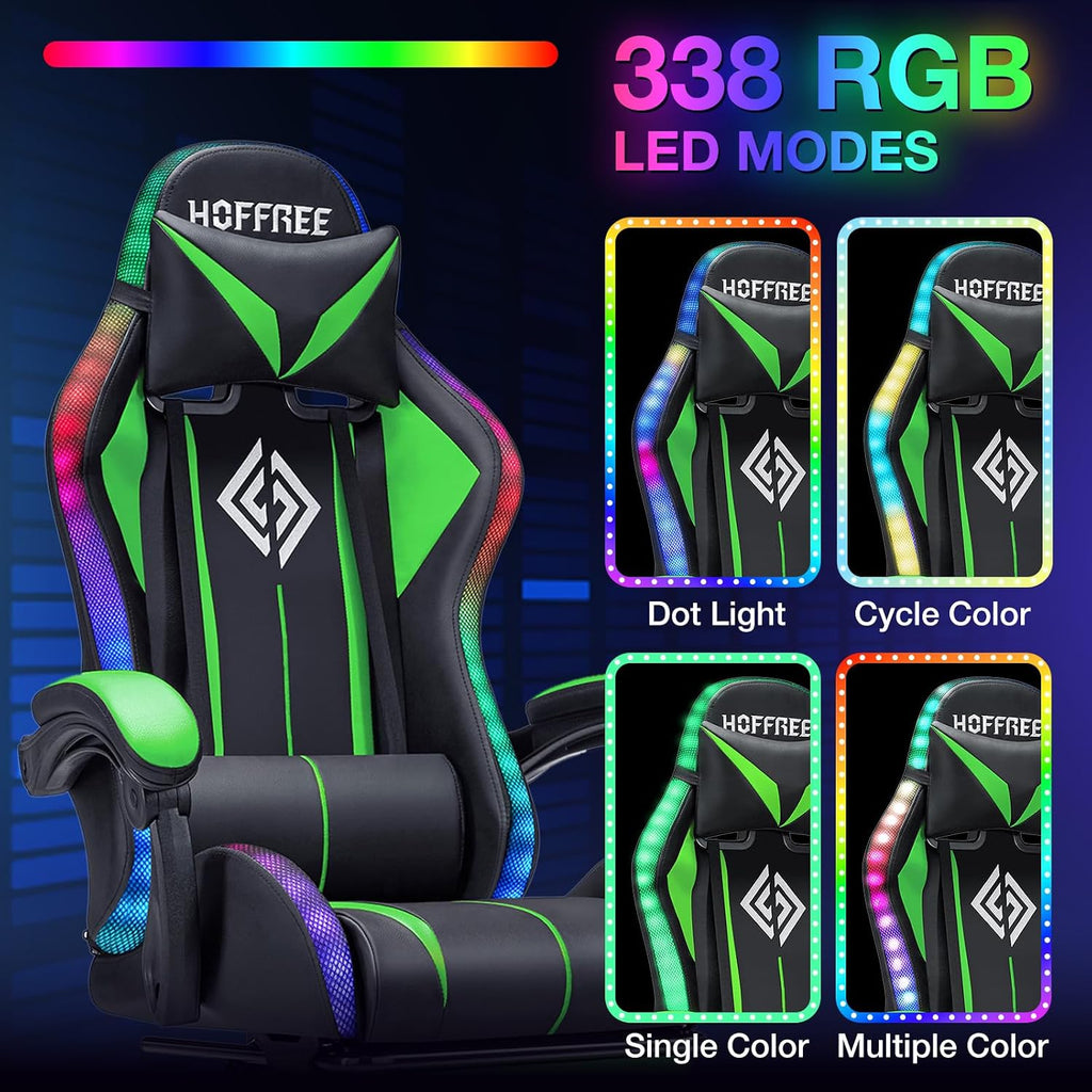 HOFFREE RGB Gaming Chair with Speakers Massage Computer Gaming Chair with LED Lights and Footrest High Back Video Game Chair for Adults Green and Black